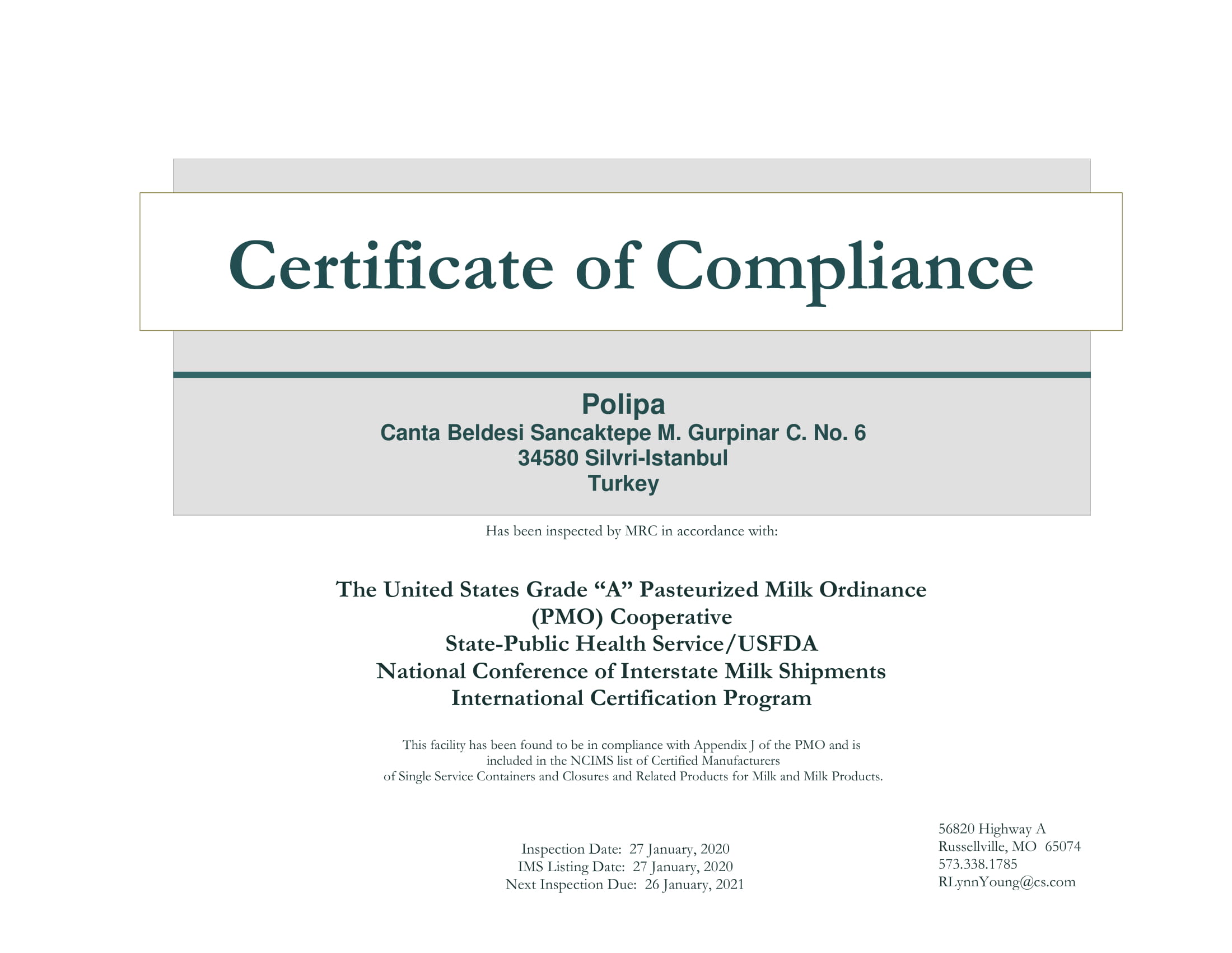 FDA Certificate of Inspection 012720-1
